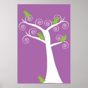 Skurrile grüne Vögel Weiße Baum-Wandkunst Poster
