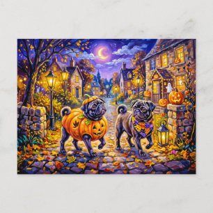 Skurrile Halloween-Kostüm-Mops-Hunde-Illustration Postkarte