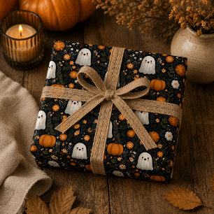 Skurrile Halloween Süße Geister & Kürbisdesign Geschenkpapier Set