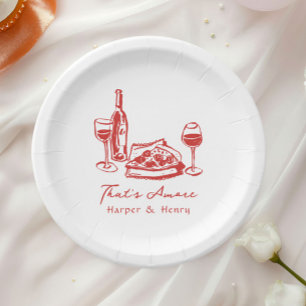 Skurrile handgezeichnete Pizza Wein Hochzeit Pappteller