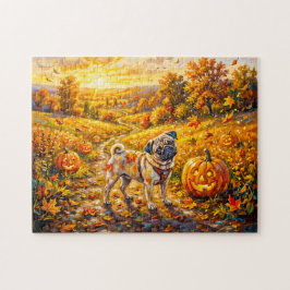 Skurrile Herbst-Kürbisweg-Mops-Illustration Puzzle
