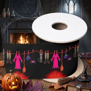 Skurrile Hexen-Wäscheleine Halloween-Grafik Satinband
