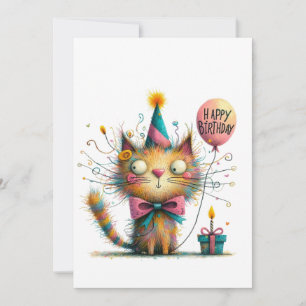 Skurrile orange Katze mit Partyhut und Kuchen Gebu Karte