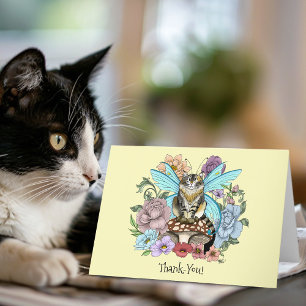 Skurrile Pastell-Tabby-Fee-Katze Blumen-Fantasie Dankeskarte