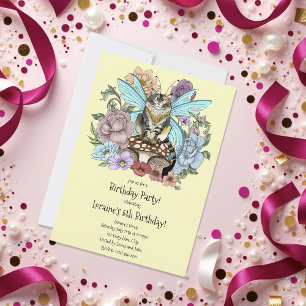 Skurrile Pastell-Tabby-Fee-Katze Blumen-Fantasie Einladung