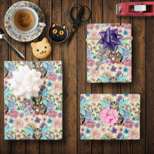 Skurrile Pastell-Tabby-Fee-Katze Blumen-Fantasie  Geschenkpapier Set