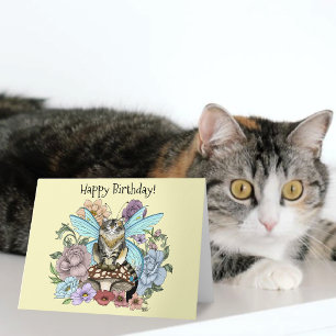 Skurrile Pastell-Tabby-Fee-Katze Blumen-Fantasie Karte