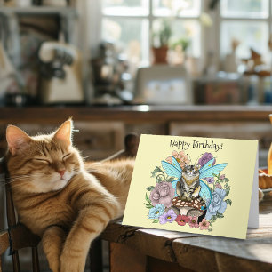 Skurrile Pastell-Tabby-Fee-Katze Blumen-Fantasie Karte