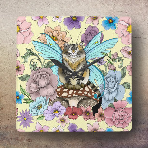Skurrile Pastell-Tabby-Fee-Katze Blumen-Fantasie Quadratische Wanduhr