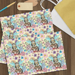 Skurrile Pastell-Tabby-Fee-Katze Blumen-Fantasie Seidenpapier
