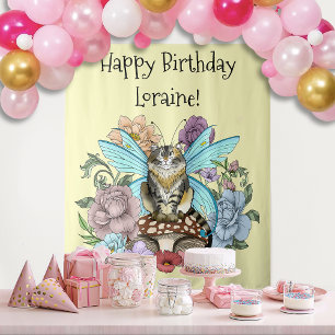 Skurrile Pastell-Tabby-Fee-Katze Blumen-Fantasie  Wandteppich