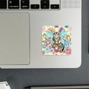 Skurrile Pastell-Tabby-Feeenkatze Blumen-Fantasie Quadratischer Aufkleber