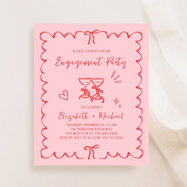 Skurrile rosa rote Verlobungsparty-Einladung (Whimsical Pink Red Engagement Party Invitation)
