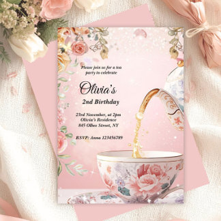 Skurrile rosa Teeparty-Blumen-Geburtstagsfeier  Einladung