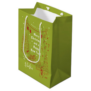 Skurrile rote und grüne Weihnachtsszene Postkarte Mittlere Geschenktüte