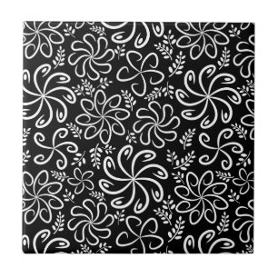 Skurrile Schwarz-Weiß-Spiral-Blumen-Blatt-Muster Fliese
