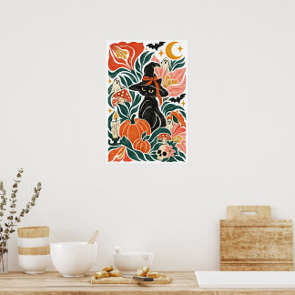 Skurrile schwarze Katze Halloween Botanische Volks Poster