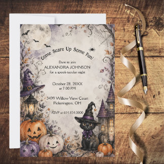 Skurrile schwarze Katze Halloween-Party-Einladung Einladung
