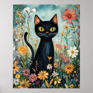 Skurrile Schwarzkatze mit Wildblumen-Illustration Poster