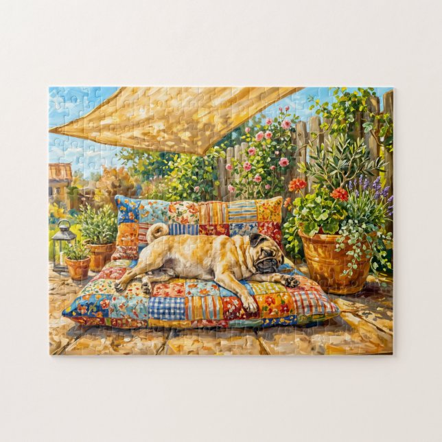 Skurrile Sommerterrasse-Mops-Illustration Puzzle (Horizontal)