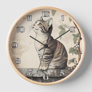 Skurrile Tabby-Katze Vintage-Botanik-Illustration Uhr