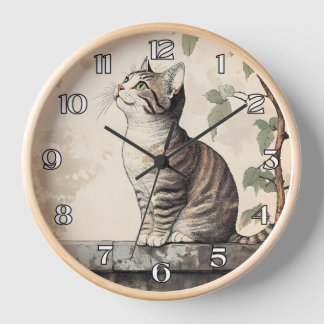 Skurrile Tabby-Katze Vintage-Botanik-Illustration Uhr