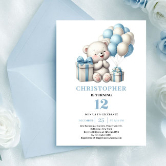 Skurrile Teddybär-Balloons blauer Junge Geburtstag Einladung