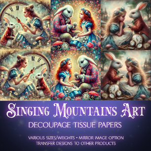 Skurrile Uhr Wald Alice im Wunderland Decoupage Seidenpapier