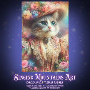 Skurrile Vintage-Blumen-Victorian-Katze-Decoupage Seidenpapier