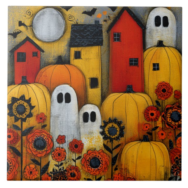 Skurrile Volkskunst-Halloween-Patch Fliese (Vorderseite)
