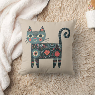 Skurrile Volkskunst Retro Boho Katze Beige  Kissen