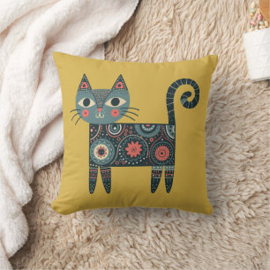 Skurrile Volkskunst Retro Boho Katze Senf Kissen