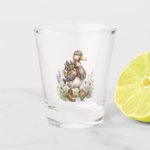 Skurrile Wandervogel-Enten-Illustration mit Rucksa Schnapsglas