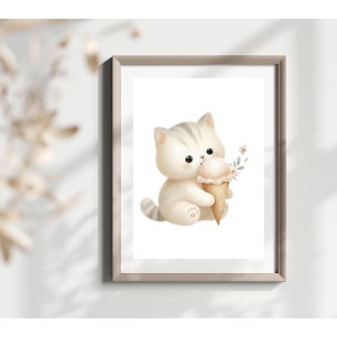 Skurrile Wasserfarbe Süße Katze isst Eiscreme Poster