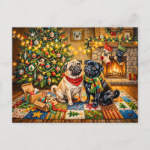 Skurrile Weihnachts-Hütte-Mops-Hunde-Illustration