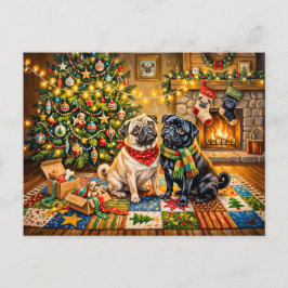 Skurrile Weihnachts-Hütte-Mops-Hunde-Illustration Postkarte