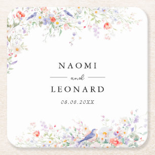 Skurrile Wildblumen und Blaue Vögel Aquarell Rechteckiger Pappuntersetzer