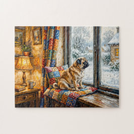 Skurrile Winter-Fensterbank-Mops-Illustration Puzzle