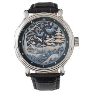 Skurrile Winterferienvögel im Wald Armbanduhr