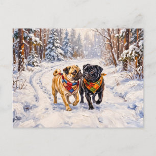 Skurrile Winterwald-Mops-Hunde-Illustration Feiertagspostkarte