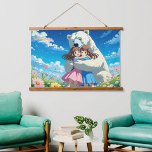 Skurriler Eisbär und Kinder Illustration Wandteppich Mit Holzrahmen