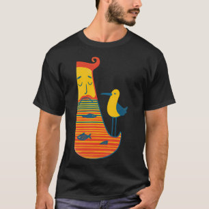Skurriler Fischer Illustration mit Vogel und Fisch T-Shirt