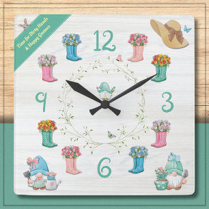 Skurriler Gartenzwerg und Blumenstiefel Quadratische Wanduhr