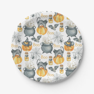 Skurriler Halloween-Kessel und Katzen-Muster Pappteller