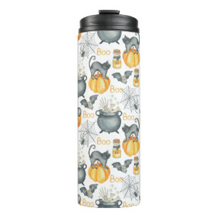 Skurriler Halloween-Kessel und Katzen-Muster Thermosbecher