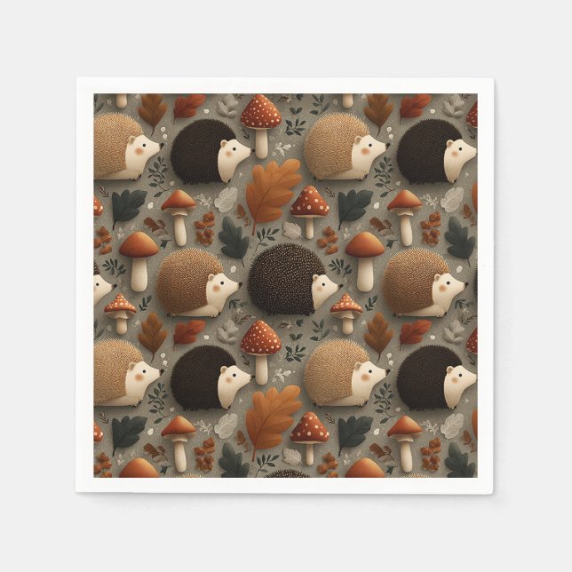 Skurriler Herbst-Igel- und Pilzmuster Serviette (Vorderseite)