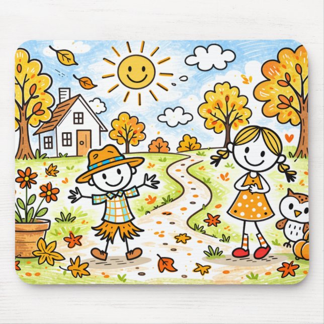 Skurriler Herbst Kinder und Eule Mousepad (Vorne)