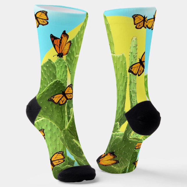 Skurriler Kaktus und Schmetterlinge Socken (Gewinkelt)