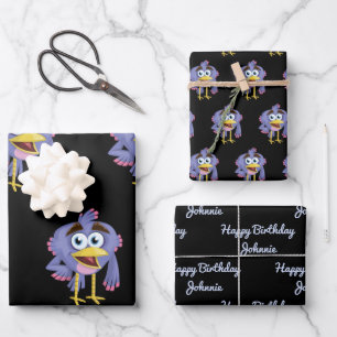 Skurriler lila Vogel Cartoon koordiniertes Geschen Geschenkpapier Set