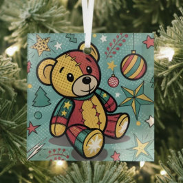Skurriler Patchwork-Weihnachts-Teddybär Ornament Aus Glas